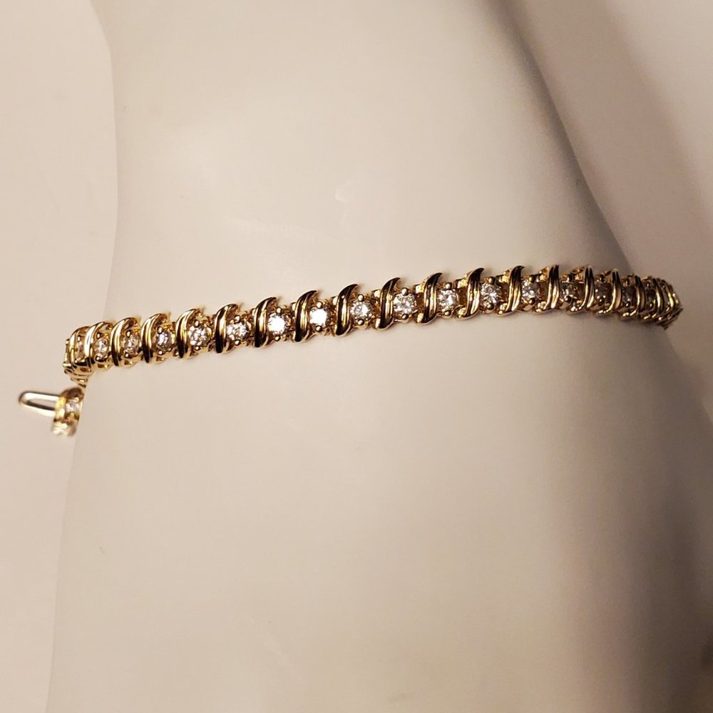 Diamond tennis S-link bracelet 14K yellow gold - Picture 3 of 13
